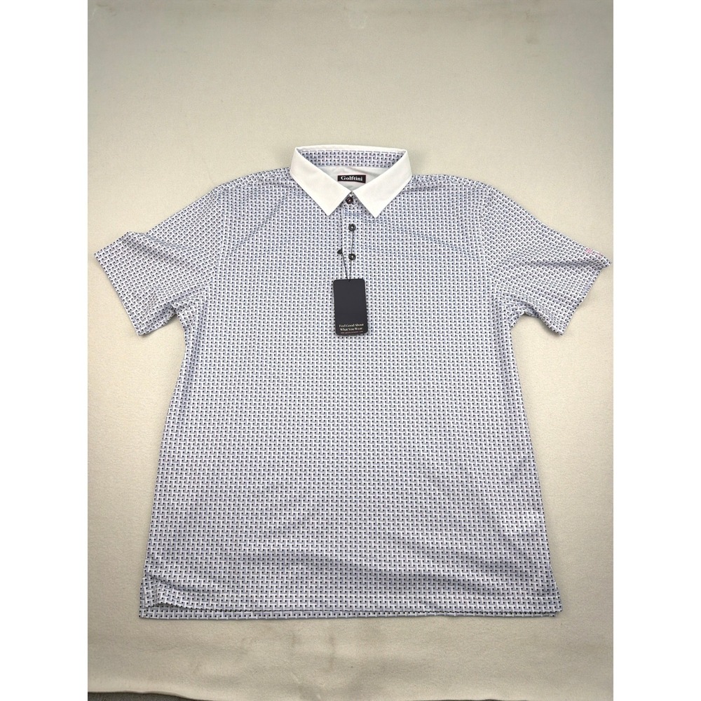 Golftini Mens Performance Pique Polo Shirt Blue White Tilted Plaid Medium NEW